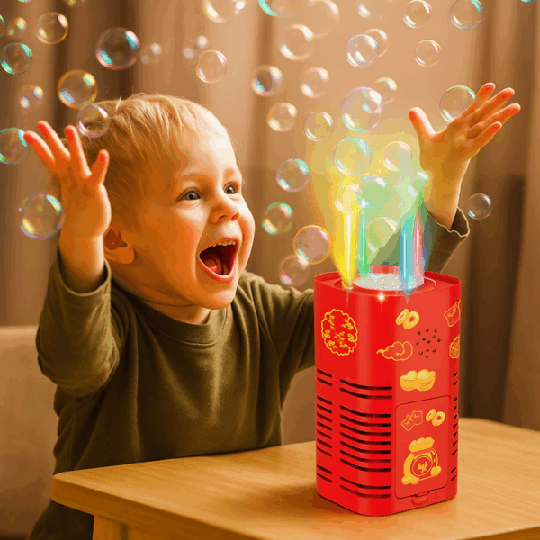 Malé dítě s otevřenou pusou nadšeně sleduje barevné mýdlové bubliny vycházející z červeného bublifuku na stole.