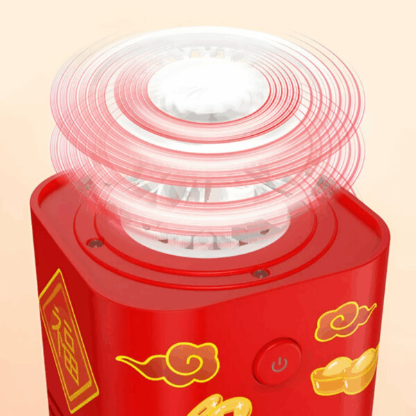Červená čínská láhev s motivy zlatých mráčků a pulzujícím bílým víkem, které naznačuje pohyb nebo aktivaci zařízení.