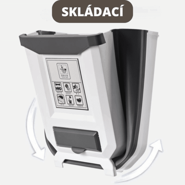Bílý skládací odpadkový koš s šedými prvky, na jehož boku jsou znázorněny piktogramy s pokyny k použití a který lze díky šipkám složit nebo rozložit.