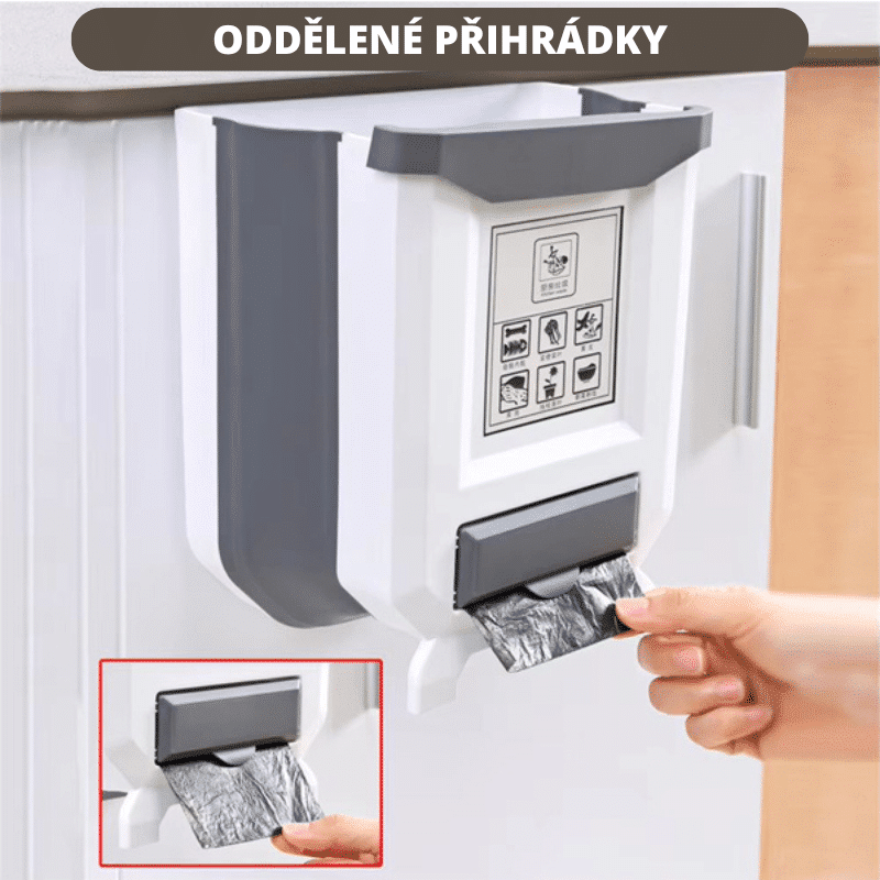 Nástěnný plastový zásobník na jednorázové sáčky nebo rukavice s šedým designem, který umožňuje snadné vytažení sáčku jednou rukou.