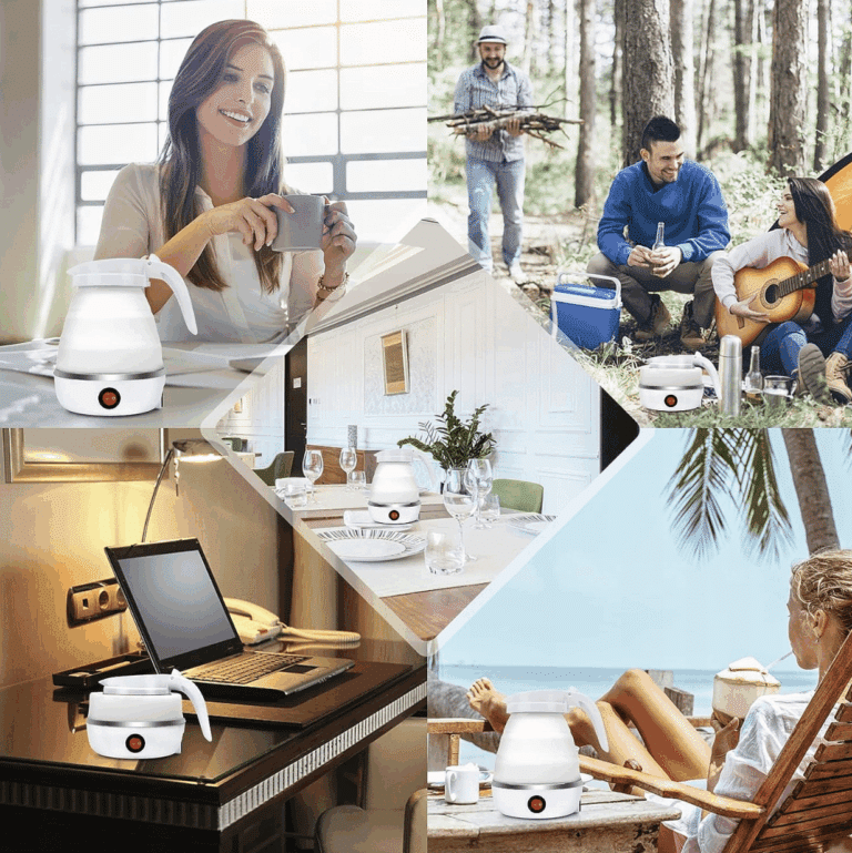 Kolekce fotografií zobrazujících bílou elektrickou konvici v různých prostředích - doma, v kanceláři, v lese a na pláži, ukazující všestrannost a mobilitu moderního spotřebiče.