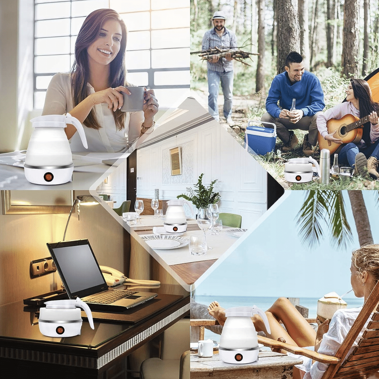 Kolekce fotografií zobrazujících bílou elektrickou konvici v různých prostředích - doma, v kanceláři, v lese a na pláži, ukazující všestrannost a mobilitu moderního spotřebiče.