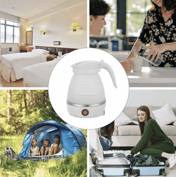 Skládací cestovní rychlovarná konvice v bílé barvě, obklopená obrázky různých situací používání - hotel, kempování, příprava nápoje a balení kufru.