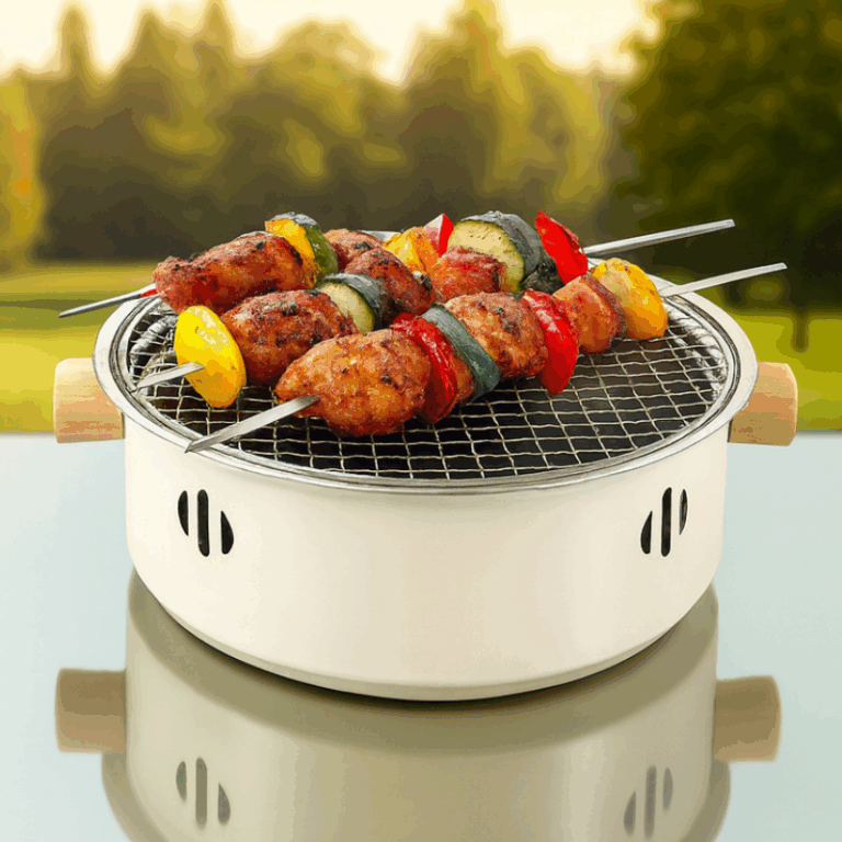Bílý přenosný gril s mřížkou, na které jsou napíchané barevné zeleninové a masové špízy s grilovanými kousky masa a zeleniny v podobě žlutých, červených a zelených paprik.