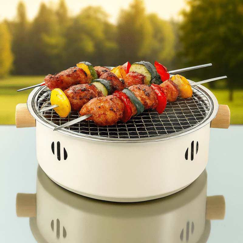 Bílý přenosný gril s mřížkou, na které jsou napíchané barevné zeleninové a masové špízy s grilovanými kousky masa a zeleniny v podobě žlutých, červených a zelených paprik.