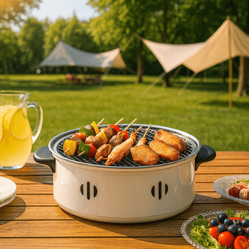 Přenosný gril s grilovanými maso-zeleninové špízy a křídly na dřevěném stole v letním táboře s bílými stany v pozadí.