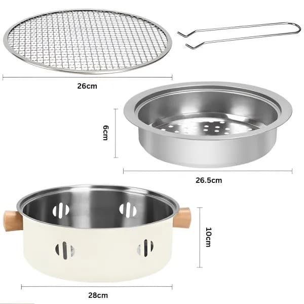 Technický výkres nerezové patrové bambusové parní nádoby s mřížkou a rozměry, skládající se z bílé spodní nádoby, horního dílu a kovové mřížky.