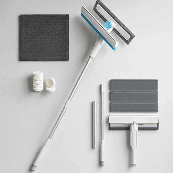 Sada čisticích pomůcek v šedo-bílém provedení, skládající se z teleskopické škrabky, náhradních dílů a čisticích podložek na světlém pozadí.