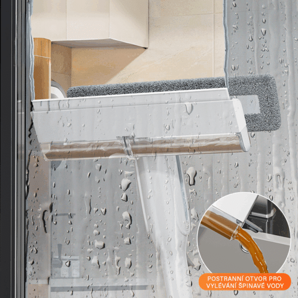 Čistič oken s stěrkou a mikrovláknovým hadrem, určený pro snadné a efektivní mytí skleněných povrchů, s možností odváděení špinavé vody postranním otvorem.