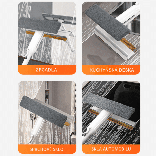 Čtyři obrázky znázorňující víceúčelovou škrabku nebo stěrku s šedým čistícím povrchem, určenou pro úklid různých druhů povrchů včetně zrcadel, kuchyňských desek, sprchového skla a automobilových skel.