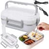 Elektrický výhřevný lunch box v bílé a šedé barvě s víceúčelovou vyjímatelnou nerezovou mísou, včetně elektrické šňůry a příborů.