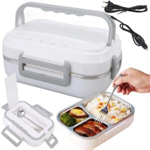 Elektrický výhřevný lunch box v bílé a šedé barvě s víceúčelovou vyjímatelnou nerezovou mísou, včetně elektrické šňůry a příborů.