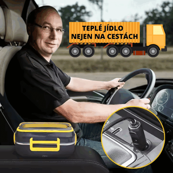 Řidič nákladního vozu s elektrickou jídelní schránkou připojenou do 12V zásuvky automobilu, určenou pro ohřev jídla během jízdy.