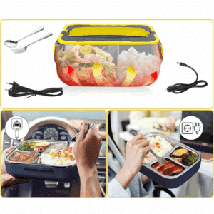 Elektrický zahřívací lunch box s napájením do auta i zásuvky, umožňující ohřev jídla na cestách s víceúčelovým designem a sadou příborů.