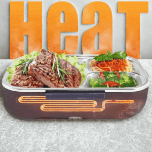 Elektrický tepelný box na jídlo s grilovaným masem, zeleninou a těstovinami, zvýrazňující technologii ohřevu s oranžovým nápisem "HeaT" v pozadí.