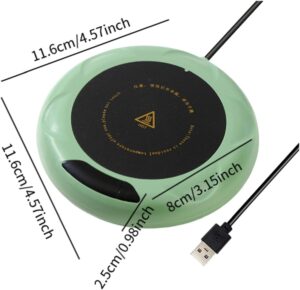 Zelená USB-napájaná elektrická výhrevná podložka s čiernym stredom, určená na ohrev nápojov alebo udržiavanie teploty, s vyznačenými rozmermi 11,6 cm a USB káblom.