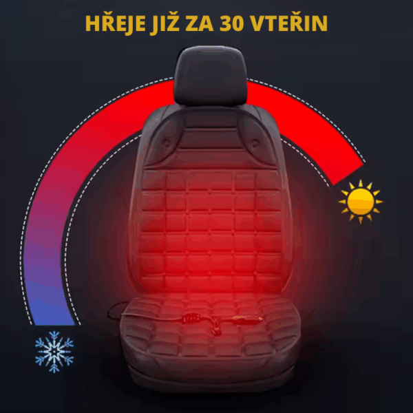Vyhřívaná autosedačka s termoregulačním systémem, která se zahřeje do 30 vteřin, znázorněná pomocí grafiky s teplotní škálou a sluncem.