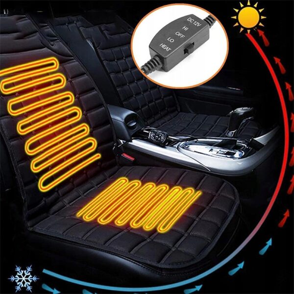 Vyhřívaný potah sedadla do auta s regulací teploty, znázorňující žluté topné prvky v černém čalouněném sedadle a ovládací jednotku s možností nastavení vysoké a nízké teploty.