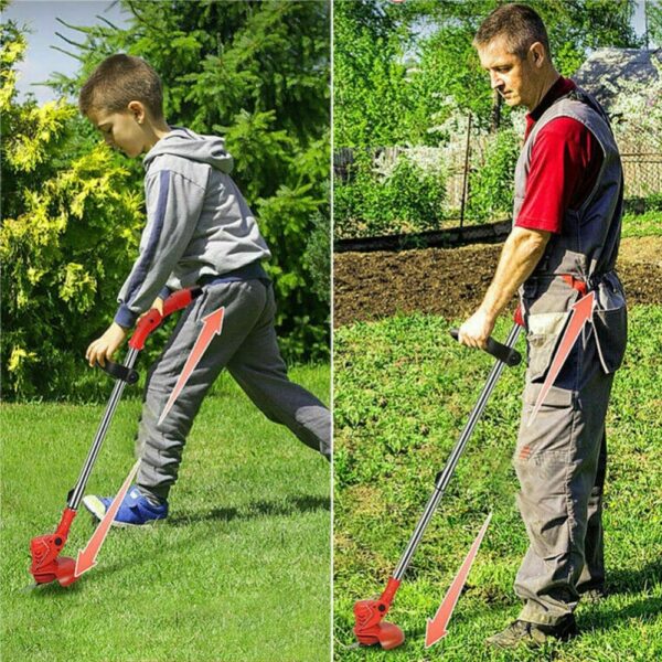 Dvě fotografie ukazující muže a chlapce sekající trávu pomocí elektrické sekačky, porovnání techniky sečení v zahradě.