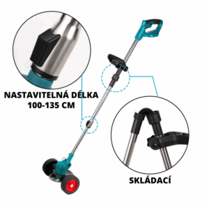 Tyrkysový teleskopický zahradní vysavač/fukar s nastavitelnou délkou 100-135 cm a skládací konstrukcí, vybavený červeným kolečkem pro snadnou manipulaci.