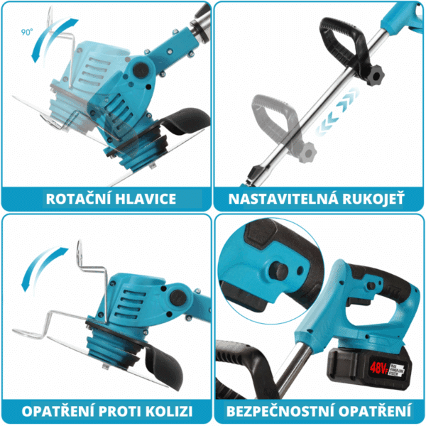 Čtyři detailní pohledy na modro-černou bezdrátovou aku-sekačku s vyznačenými klíčovými vlastnostmi, jako je rotační hlava, nastavitelná rukojeť, ochrana proti kolizi a bezpečnostní prvky.