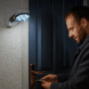 Muž v tmavém oblečení odemyká dveře za svitu bezpečnostní LED lampy připevněné na stěně v noci.