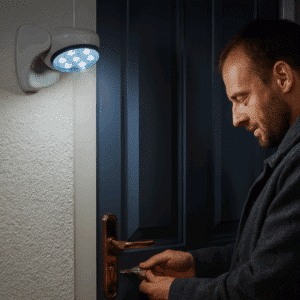 Muž v tmavém oblečení odemyká dveře za svitu bezpečnostní LED lampy připevněné na stěně v noci.
