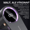 Černý kompaktní nabíjecí port typu C s vestavěnou lithium-iontovou baterií, zobrazující digitální displej s 100% stavem nabití a fialovým kruhovým osvětlením.