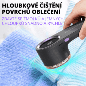 Černé ruční zařízení na odstraňování žmolků z oblečení, určené k rychlému a snadnému čištění látkových povrchů, zobrazené na modrém svetru.