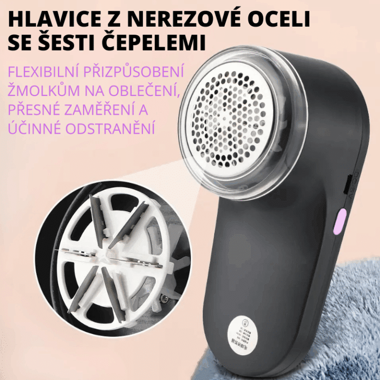 Černý odstraňovač žmolků s kovovým povrchem a šesti čepelemi, určený pro efektivní odstranění žmolků z oblečení s flexibilním přizpůsobením povrchu.