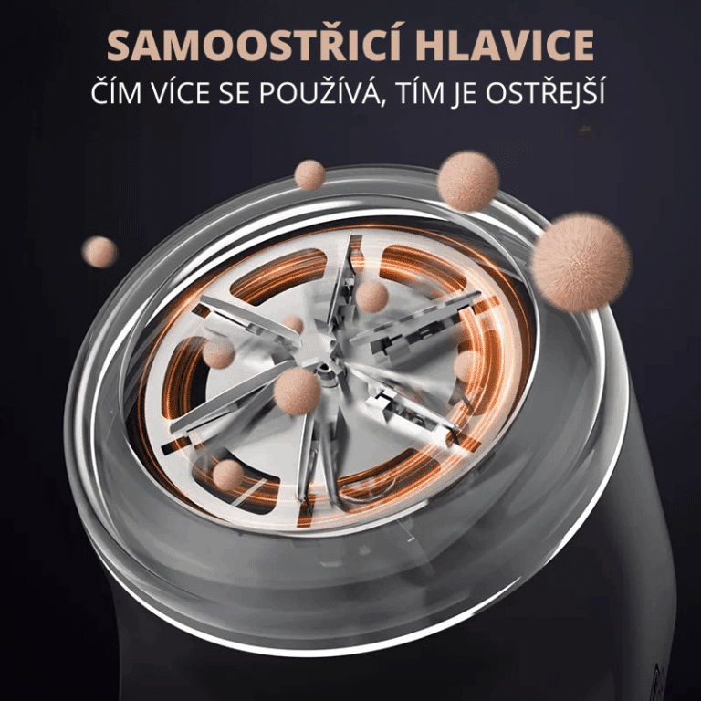 Samoostřicí mlýnek s mechanismem v měděných a stříbrných tónech, obklopený měkkými kulatými prvky, s textem zdůrazňujícím, že čím více se používá, tím je ostřejší.