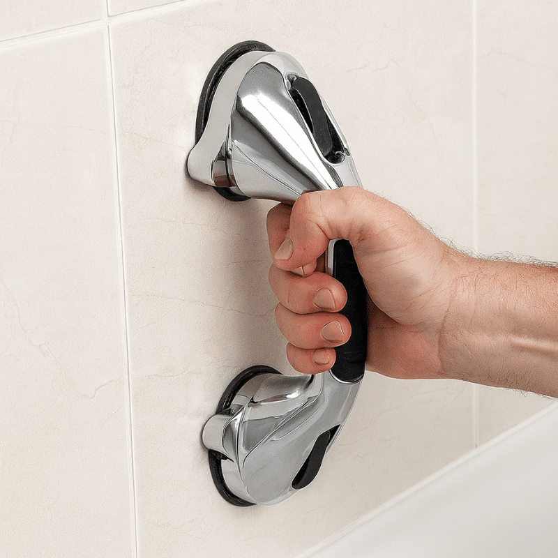 Chromovaná bezpečnostní rukojeť s protiskluzovou černou úchopovou zónou, umístěná na světlé koupelnové dlažbě, sloužící pro oporu a stabilitu při pohybu.