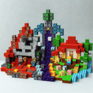 3D model herního světa Minecraft s barevnými kostkami reprezentujícími různé bloky, prostředí a postavy, včetně červené lávové oblasti, šedého kamene, zelených stromů a modrého vodního prvku.