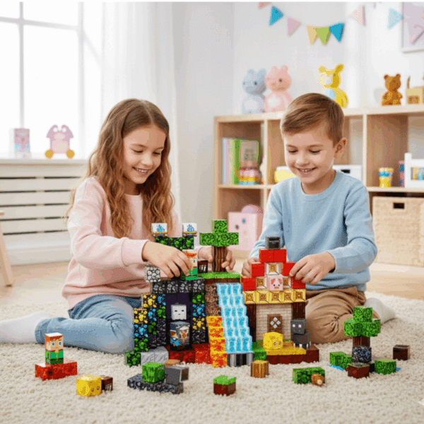 Dvě děti sedí na koberci a společně staví barevný svět z herních kostek připomínajících Minecraft, v útulném dětském pokoji vyzdobeném girlandou a hračkami.