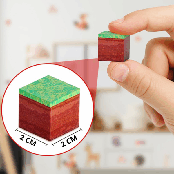 Ruka drží malou krychli s povrchy trávy a hlíny, ve výřezu s vyznačením velikosti 2x2 cm, připomínající herní blok z pixelové grafiky.