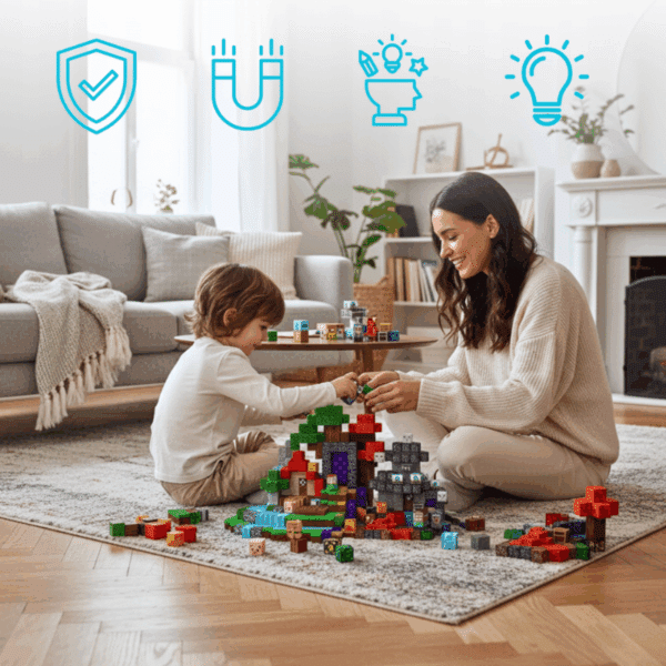 Matka a dítě sedí na koberci v obýváku a společně staví barevnou stavbu z plastových kostek, v pozadí jsou symboly reprezentující bezpečnost, energii a kreativitu.