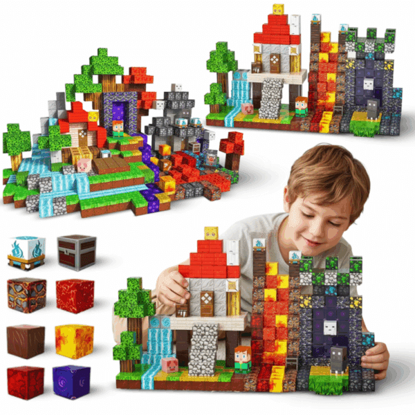 Dětská stavebnice připomínající svět Minecraftu s barevnými kostkami, stromy a postavičkami, kterou si chlapec s radostí staví a vytváří vlastní kreativní svět.