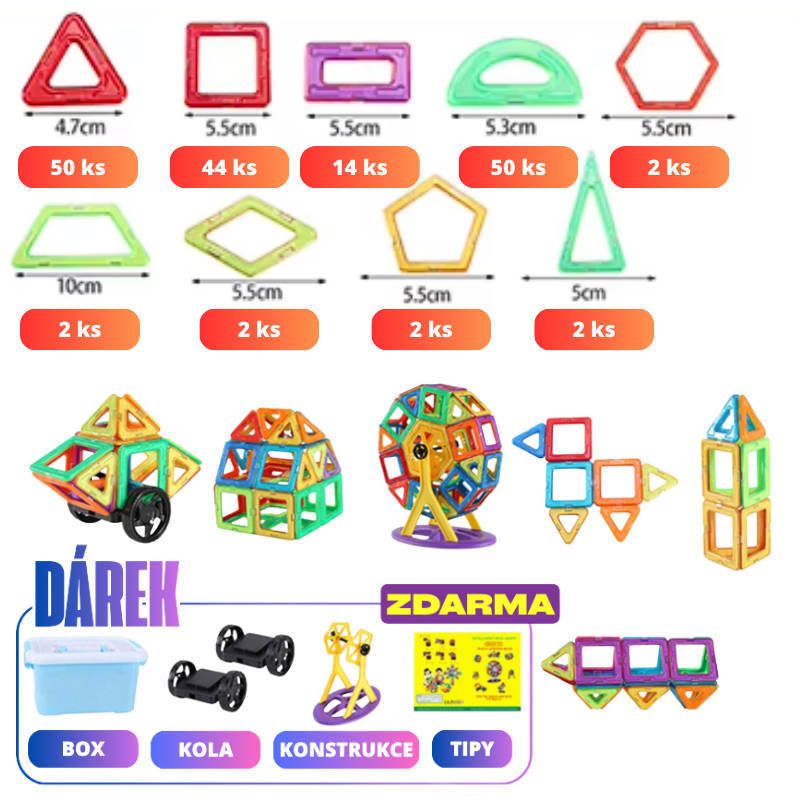 Sada magnetických konstrukčních dílků v různých tvarech a barvách, určených pro kreativní stavění, včetně hotových 3D modelů a dárkového balení.