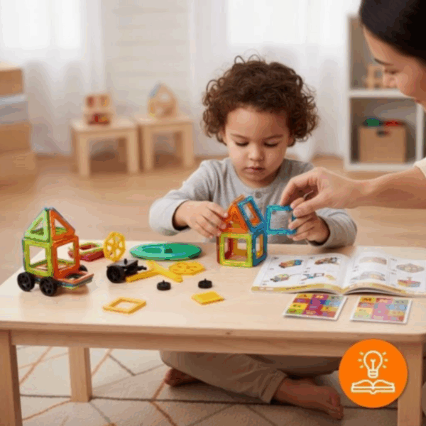 Malé dítě si hraje s barevnými magnetickými stavebnicovými díly na dřevěném stole, vedle něj leží návod a další díly stavebnice.