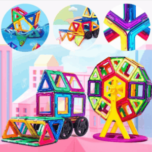 Barevné magnetické stavebnicové díly Magformers v různých konstrukčních provedeních - včetně vozidla, koule a prostorových tvarů v duhových barvách.