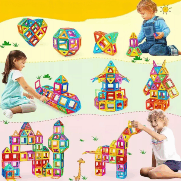 Barevné magnetické stavebnicové díly v různých tvarech, které děti skládají do věží, hradů a dalších kreativních konstrukčních modelů na žlutém a zeleném pozadí.