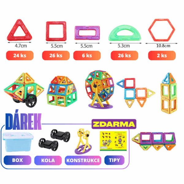 Sada magnetických stavebních dílků v různých barevných tvarech a velikostech, včetně trojúhelníků, čtverců a dalších geometrických tvarů, s ukázkami sestavených modelů a doplňky jako kola a konstrukční příslušenství.