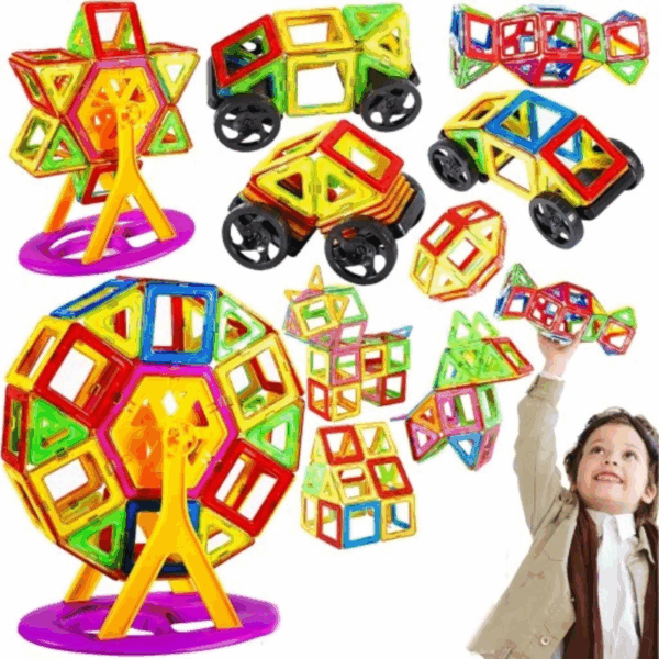 Barevné magnetické stavebnice s geometrickými tvary, včetně větrného kola, aut a různých prostorových modelů, s dítětem, které si s nimi hraje a staví konstrukční kreace.