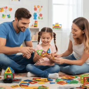 Rodiče s dcerou si společně hrají s barevnými magnetickými stavebnicovými díly a tvoří různé geometrické tvary na koberci v dětském pokoji.