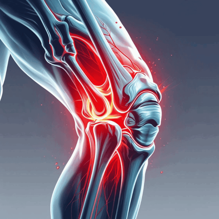Rentgenový pohled na kolenní kloub zvýrazněný červenou barvou, ukazující kostní strukturu, klouby a cévy v detailním biomedicínském zobrazení.