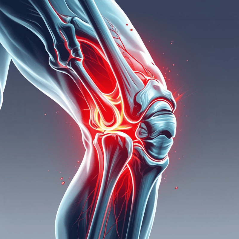 Rentgenový pohled na kolenní kloub zvýrazněný červenou barvou, ukazující kostní strukturu, klouby a cévy v detailním biomedicínském zobrazení.