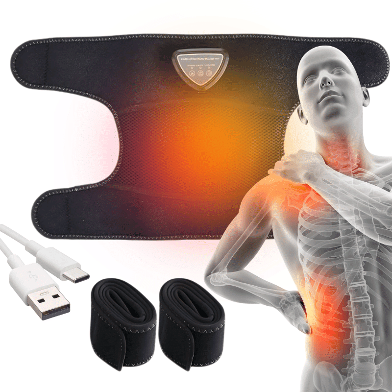 Elektrická termo podložka s USB nabíjením, určená pro úlevu od bolesti zad a krční páteře, zobrazená vedle rentgenového modelu lidského těla se zvýrazněnými zánětlivými oblastmi.