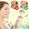 Přístroj Neckline Slimmer pro zeštíhlení a formování krku, ukázka správného a nesprávného použití s demonstrací efektivní polohy při cvičení.