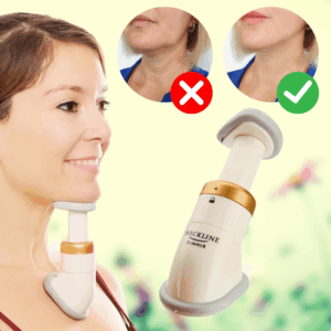 Přístroj Neckline Slimmer pro zeštíhlení a formování krku, ukázka správného a nesprávného použití s demonstrací efektivní polohy při cvičení.