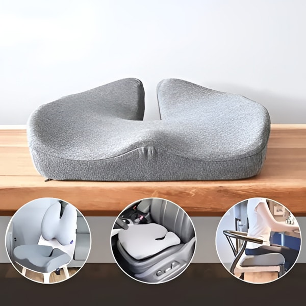 Ergonomický šedý sedací polštář ve tvaru, který kopíruje tvar lidského těla, určený pro pohodlné sezení s podporou správného držení páteře.